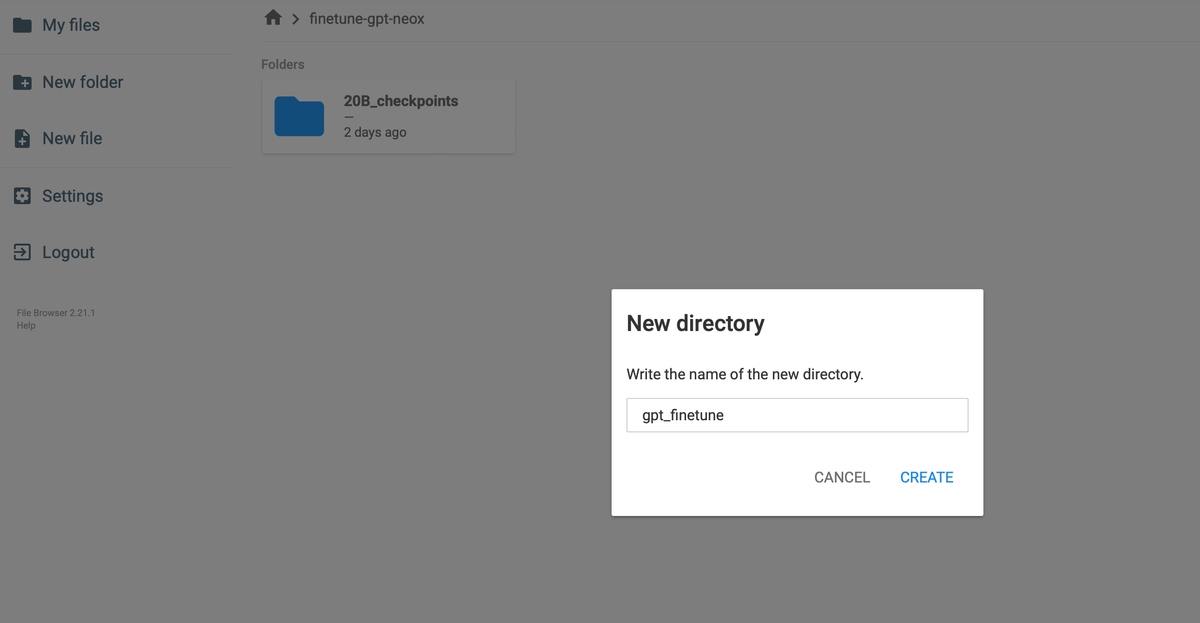 Creating the gpt\_finetune directory in filebrowser